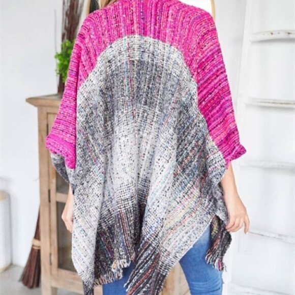 boho style FUCHSIA MULTI KNIT SWEATER PONCHO - Picture 3 of 4